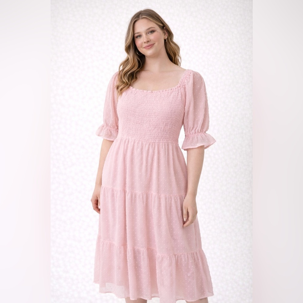 🌸 Blush Swiss Dot Smocked Midi Dress